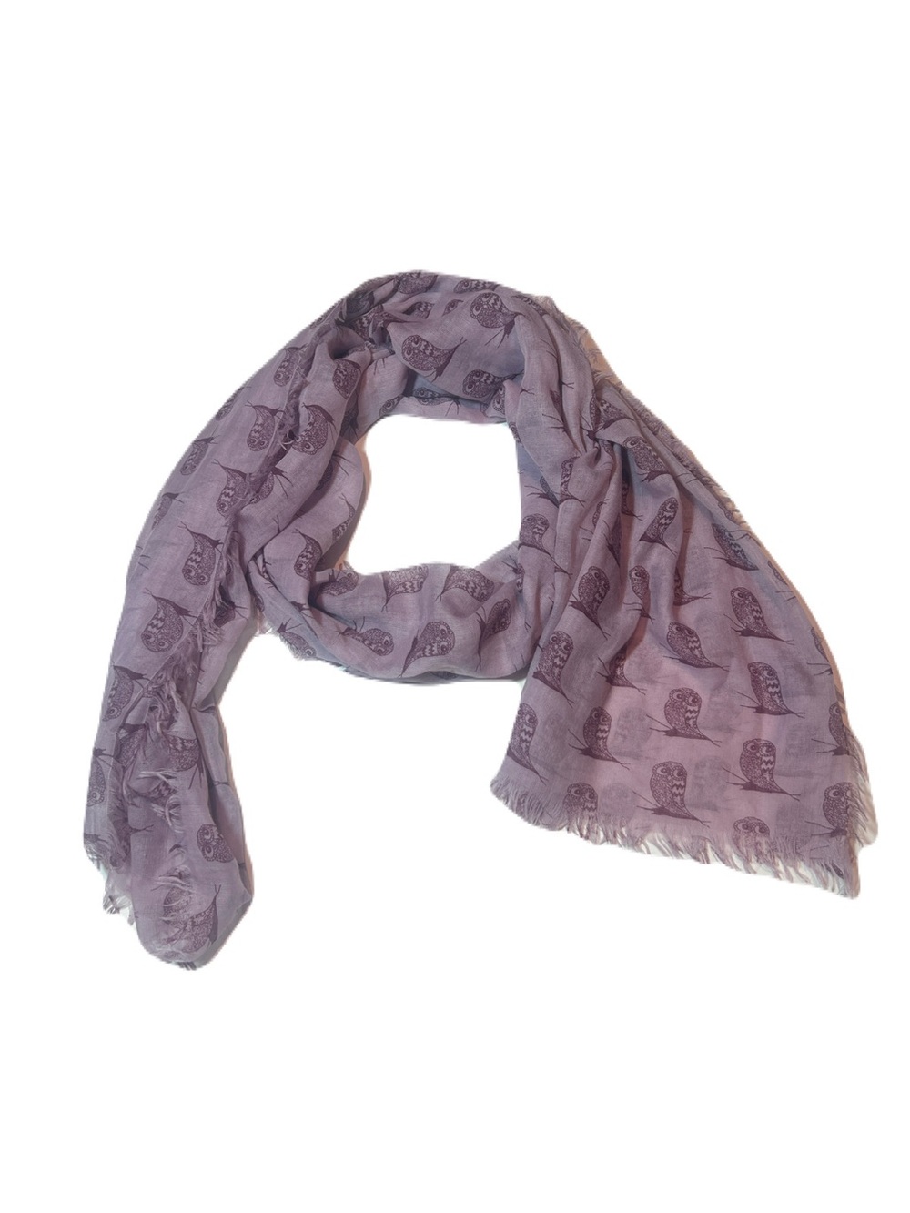 Printed Village Owls Print Fringe Scarf in Mauve Pink, OSFM